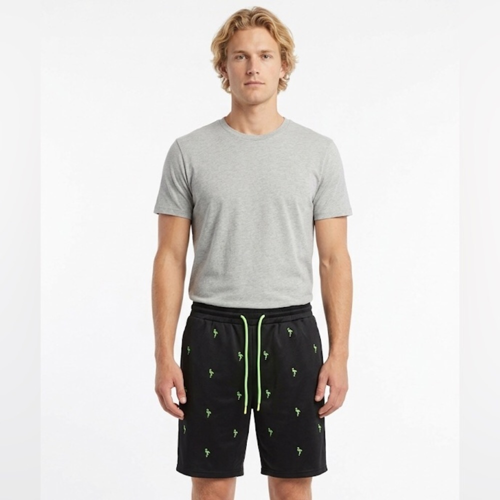 GNET Black Shorts with Green flamingo Accents size large with pockets